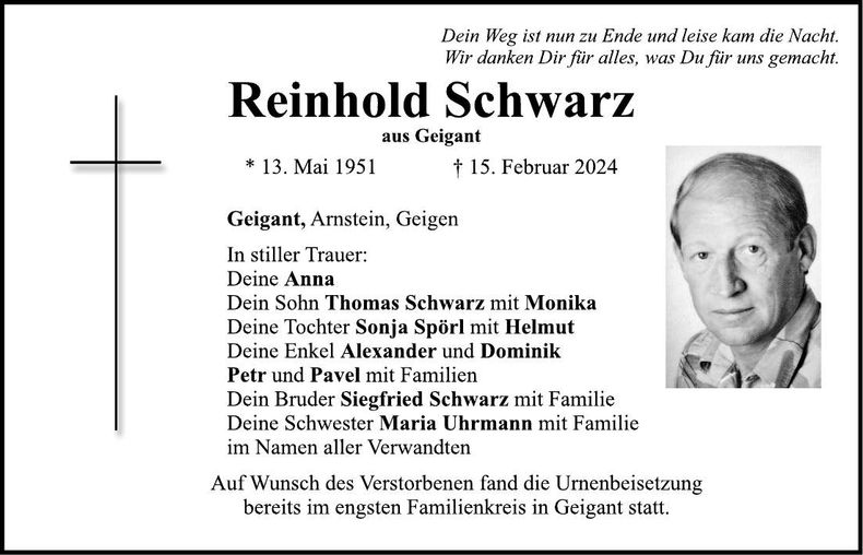 Traueranzeige Reinhold Schwarz