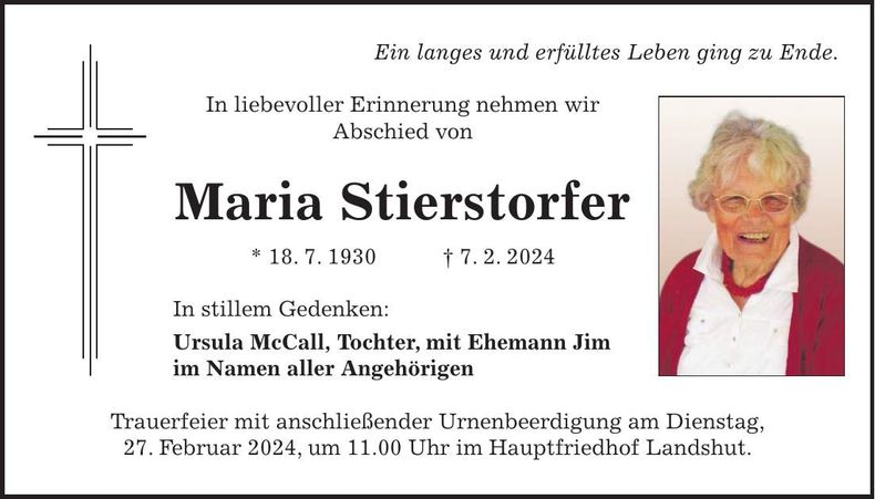 Traueranzeige Maria Stierstorfer