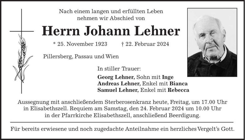 Traueranzeige Johann Lehner