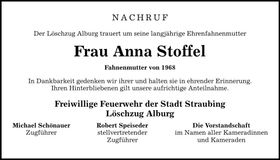 Traueranzeige Anna Stoffel