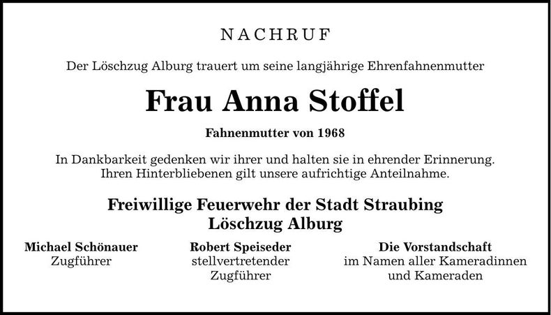 Traueranzeige Anna Stoffel
