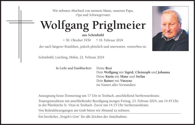 Traueranzeige Wolfgang Priglmeier