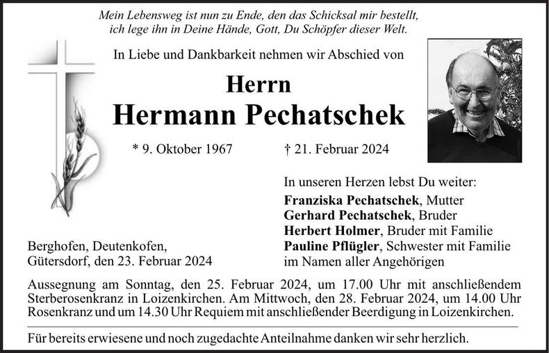 Traueranzeige Hermann Pechatschek