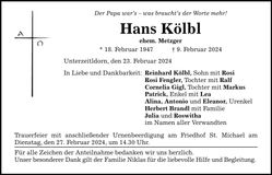 Traueranzeige Johann Kölbl