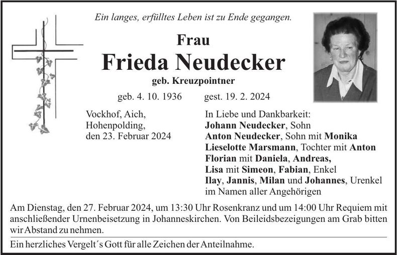 Traueranzeige Frieda Neudecker