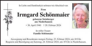 Traueranzeige Irmgard Schönmaier