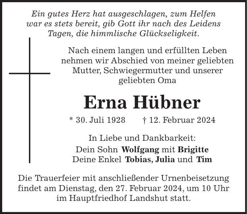 Traueranzeige Erna Hübner