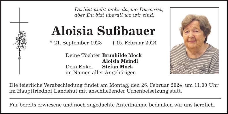 Traueranzeige Aloisia Sußbauer