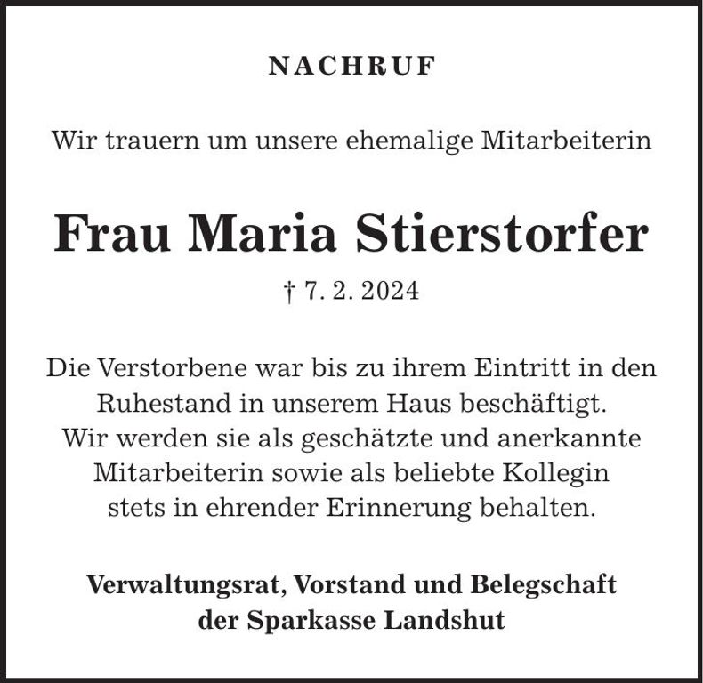 Traueranzeige Maria Stierstorfer