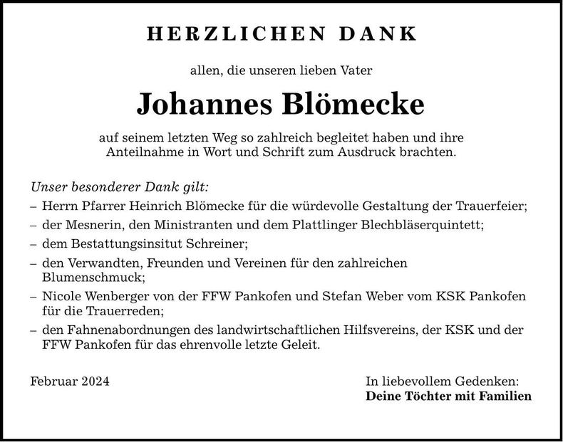 Traueranzeige Johannes Blömecke