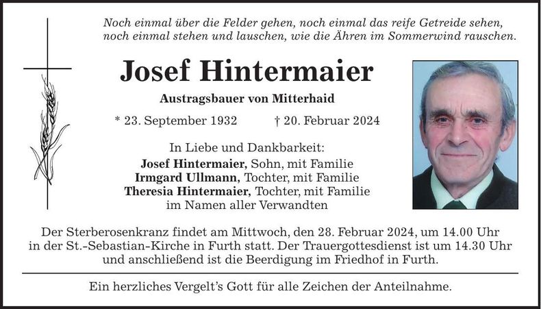 Traueranzeige Josef Hintermaier