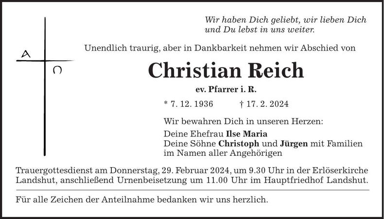 Traueranzeige Christian Reich