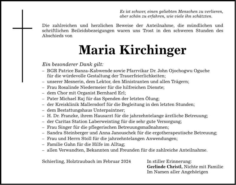 Traueranzeige Maria Kirchinger