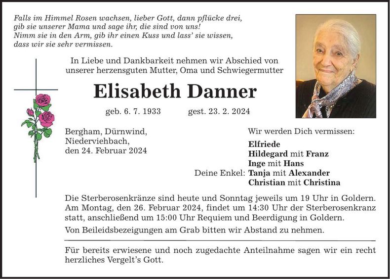 Traueranzeige Elisabeth Danner