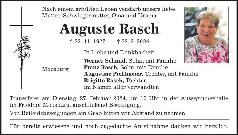 Traueranzeige Auguste Rasch