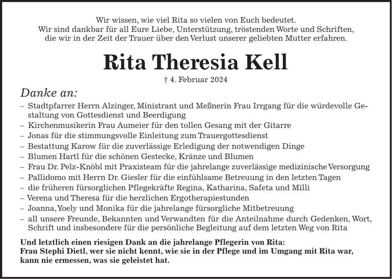 Traueranzeige Rita Kell