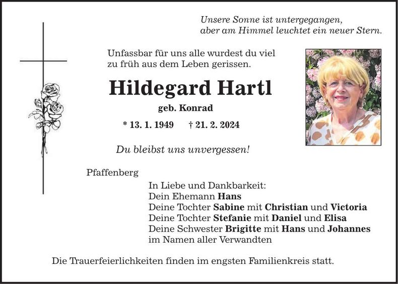 Traueranzeige Hildegard Hartl