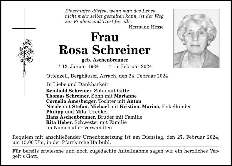 Traueranzeige Rosa Aschenbrenner