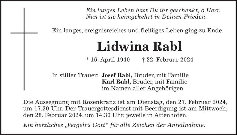 Traueranzeige Lidwina Rabl