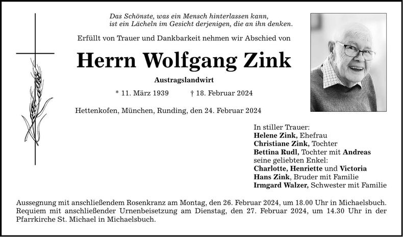 Traueranzeige Wolfgang Zink