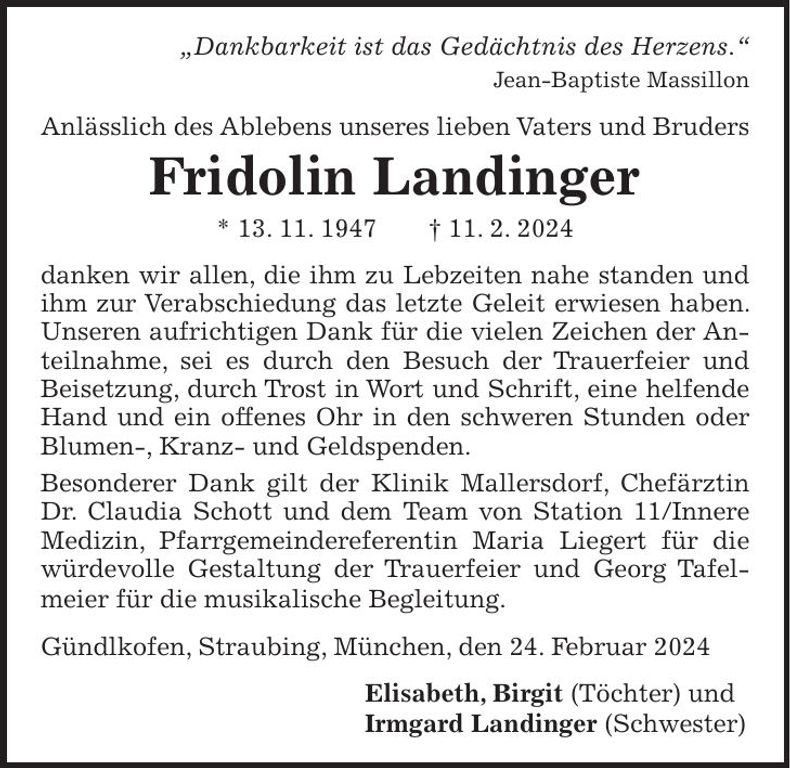 Traueranzeige Fridolin Landinger