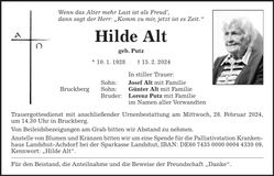 Traueranzeige Hilde Alt