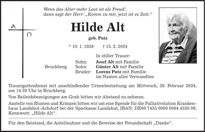 Traueranzeige Hilde Alt