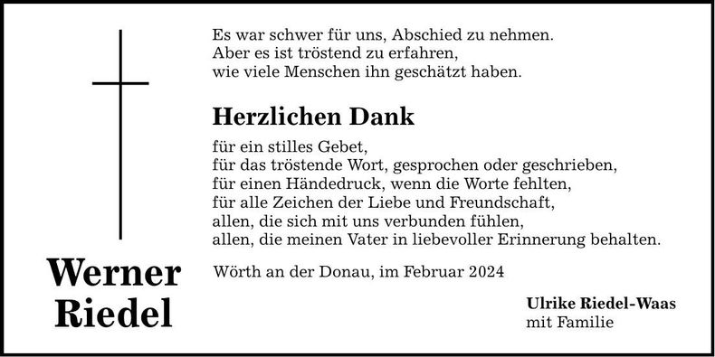Traueranzeige Werner Riedel