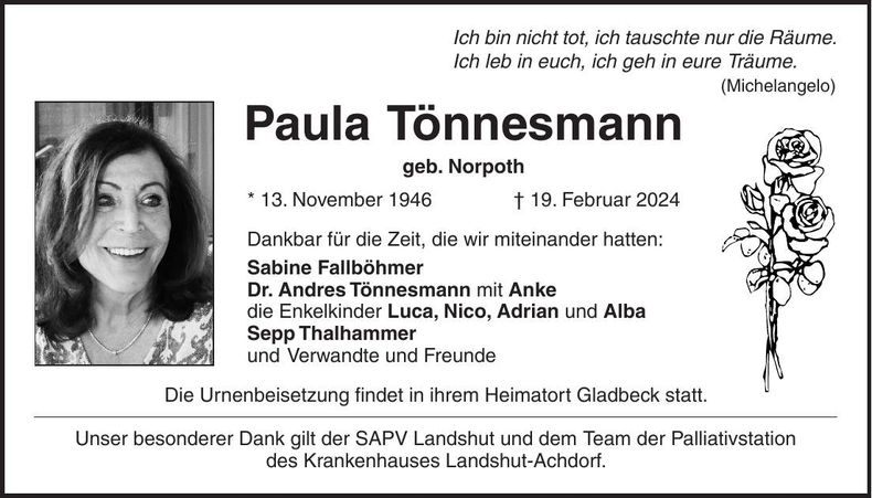 Traueranzeige Paula Tönnesmann