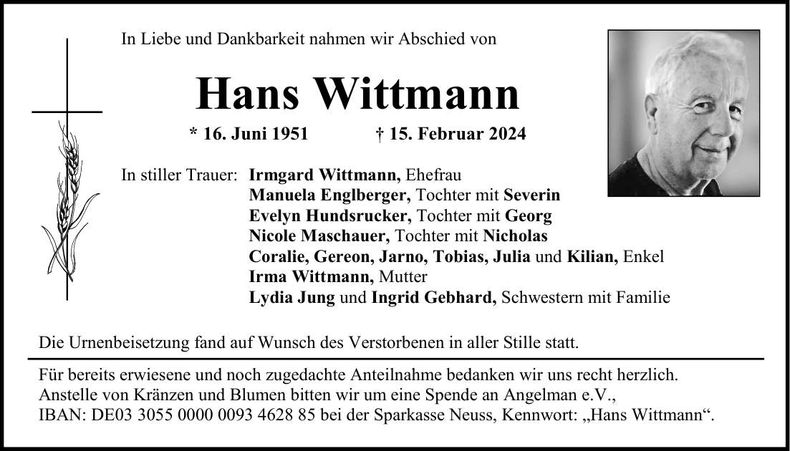 Traueranzeige Hans Wittmann