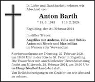 Traueranzeige Anton Barth