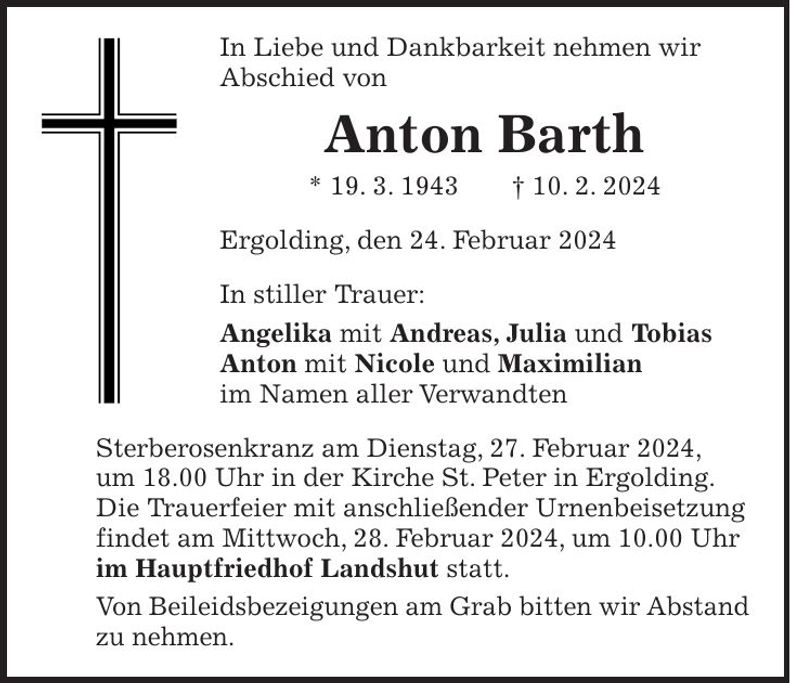 Traueranzeige Anton Barth