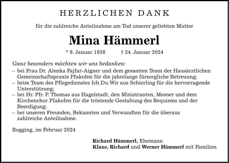 Traueranzeige Mina Hämmerl