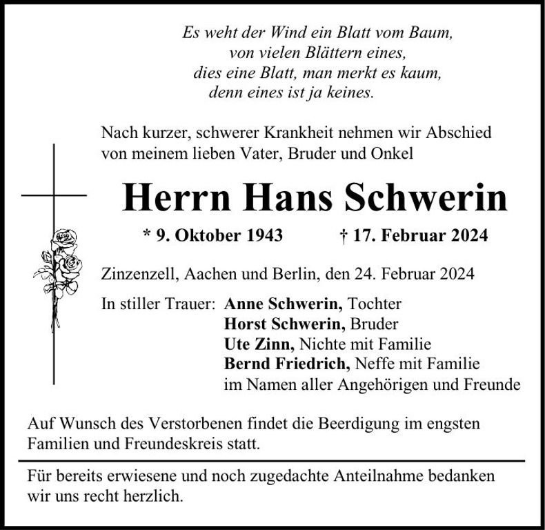 Traueranzeige Hans Schwerin