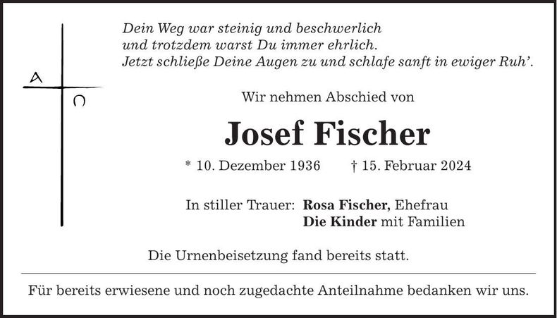 Traueranzeige Josef Fischer