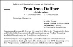 Traueranzeige Irma Daffner
