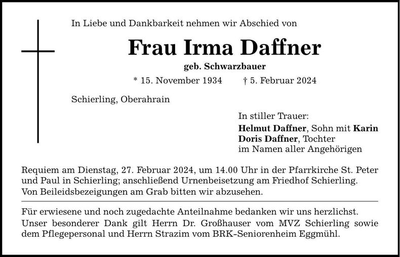 Traueranzeige Irma Daffner