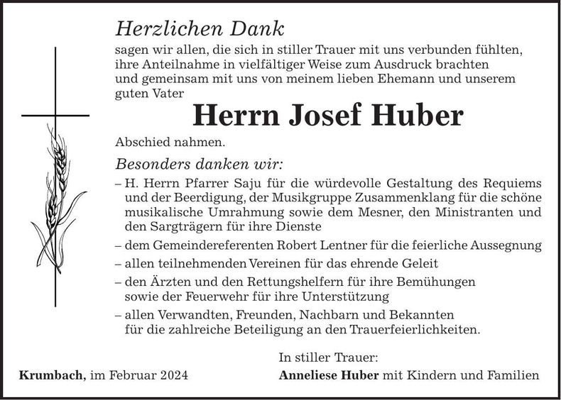 Traueranzeige Josef Huber