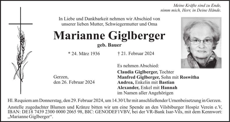 Traueranzeige Marianne Giglberger