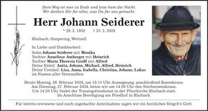 Traueranzeige Johann Seiderer