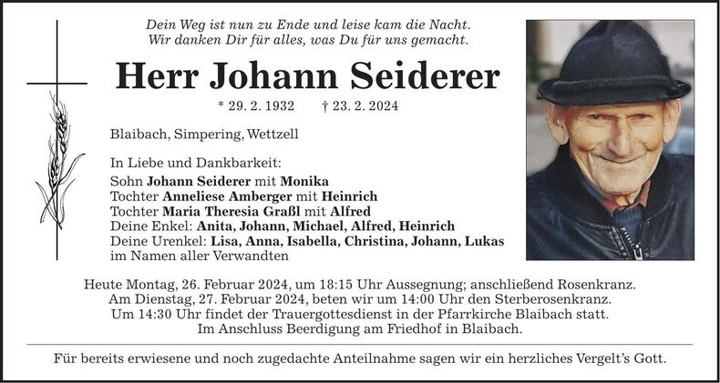 Traueranzeige Johann Seiderer