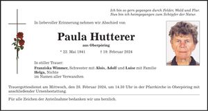 Traueranzeige Paula Hutterer