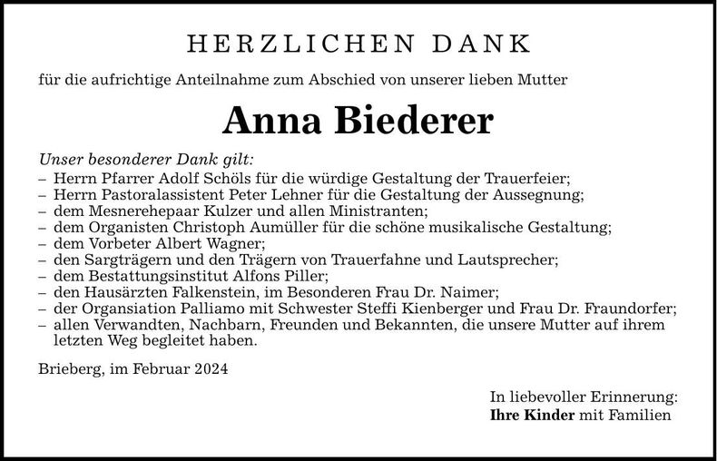 Traueranzeige Anna Biederer