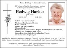 Traueranzeige Hedwig Hacker
