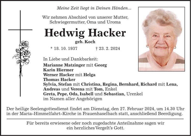 Traueranzeige Hedwig Hacker