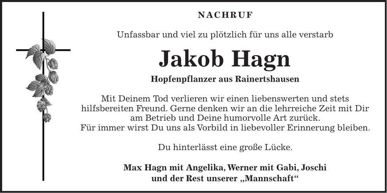 Traueranzeige Jakob Hagn
