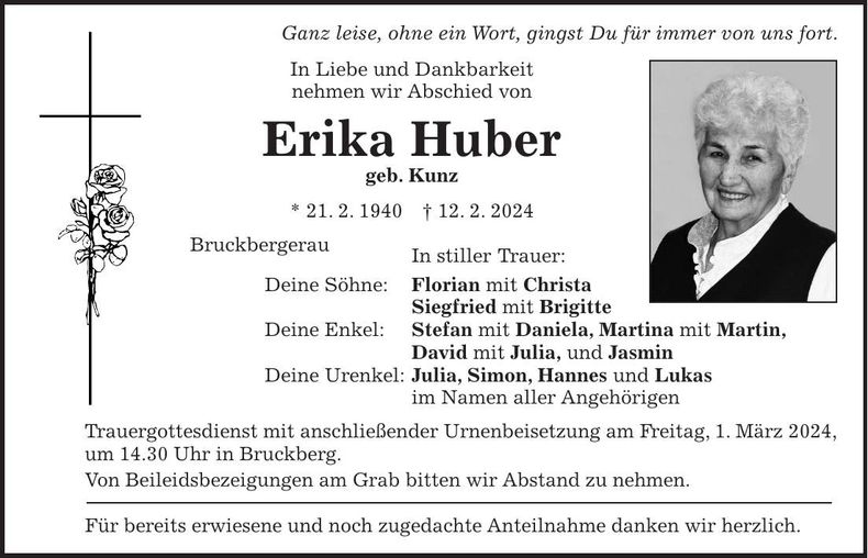 Traueranzeige Erika Huber