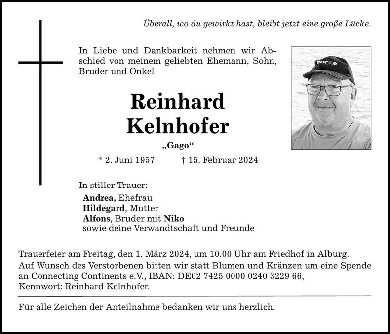 Traueranzeige Reinhard Kelnhofer
