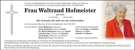 Traueranzeige Waltraud Hofmeister