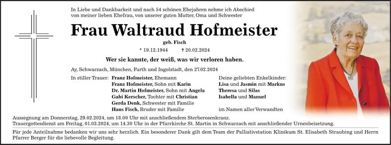 Traueranzeige Waltraud Hofmeister